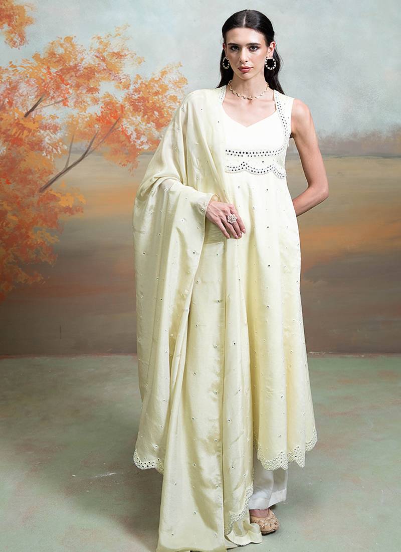 Butter yellow embroidered raw silk anarkali set