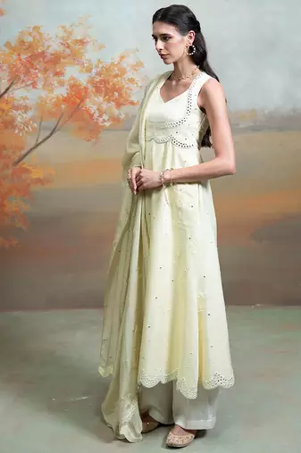 Butter yellow embroidered raw silk anarkali set