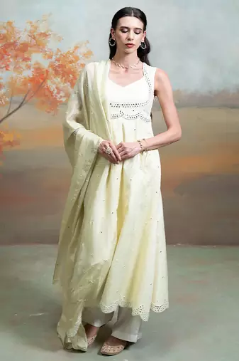 Butter yellow embroidered raw silk anarkali set