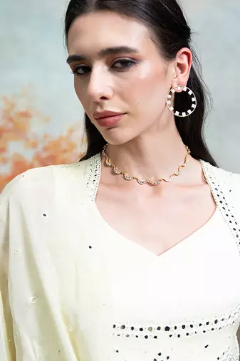 Butter yellow embroidered raw silk anarkali set
