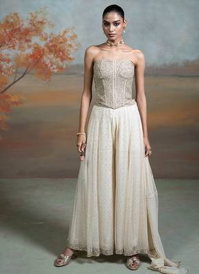 Beige ivory embroidered net co ord set 1