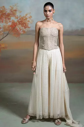 Beige ivory embroidered net co ord set