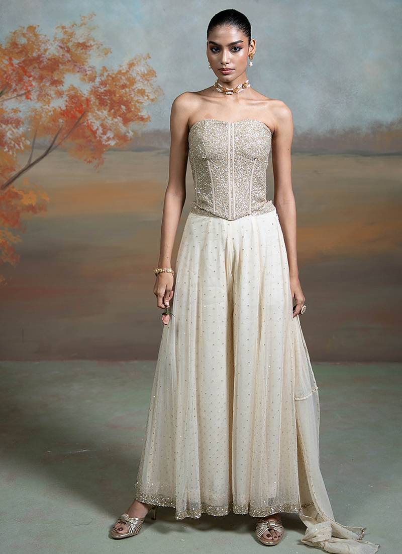 Beige ivory embroidered net co ord set