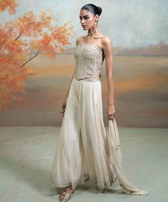 Beige ivory embroidered net co ord set 2