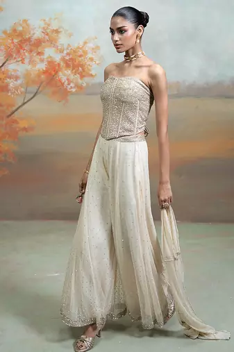 Beige ivory embroidered net co ord set