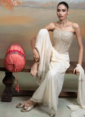 Beige ivory embroidered net co ord set 3