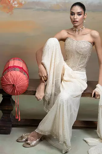 Beige ivory embroidered net co ord set