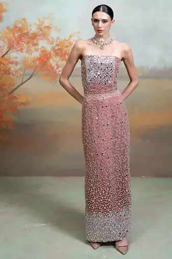 Dusty rose pink embroidered net co ord set
