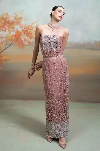 Dusty rose pink embroidered net co ord set