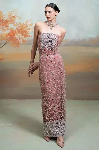 Dusty rose pink embroidered net co ord set