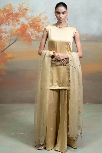 Metallic beige gold embroidered modal satin kurta set