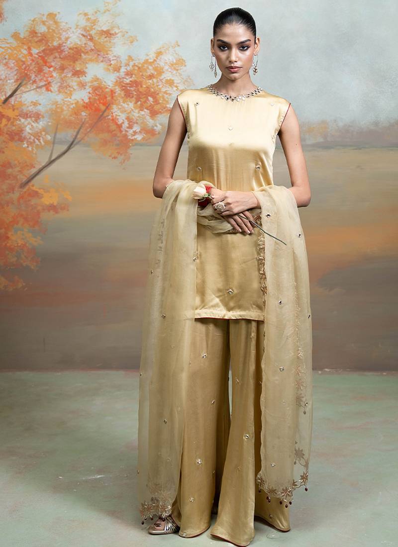 Metallic beige gold embroidered modal satin kurta set