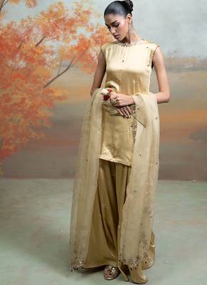 Metallic beige gold embroidered modal satin kurta set 2