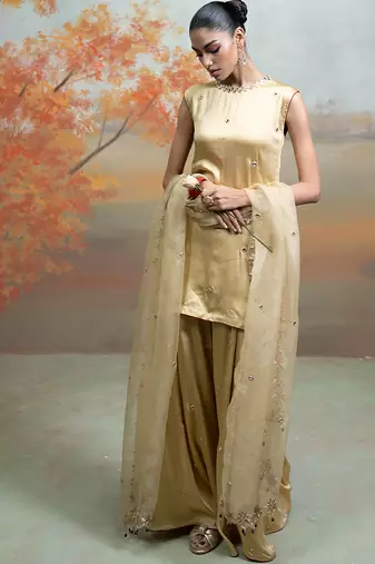 Metallic beige gold embroidered modal satin kurta set