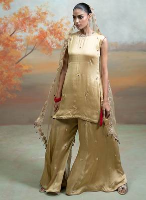 Metallic beige gold embroidered modal satin kurta set 3