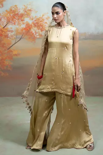Metallic beige gold embroidered modal satin kurta set