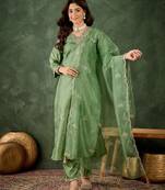 Floral embroidered silk v neck kurta trosuer & dupatta set
