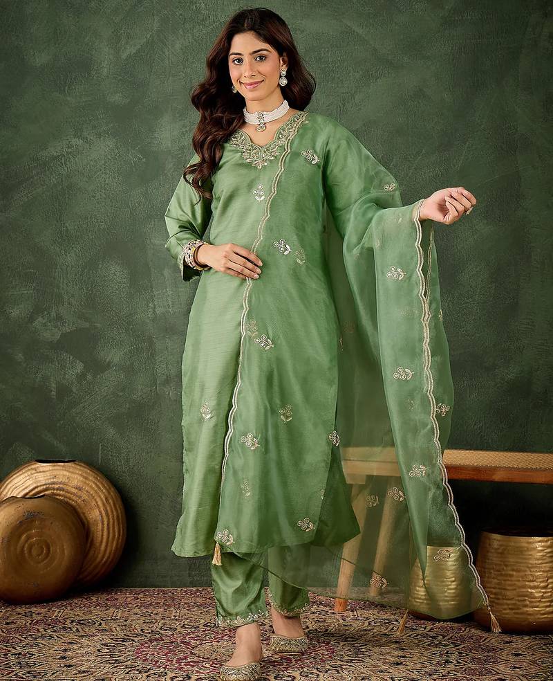 Floral embroidered silk v neck kurta trosuer & dupatta set