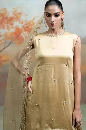 Metallic beige gold embroidered modal satin kurta set