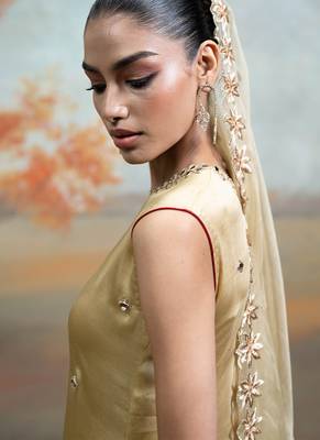 Metallic beige gold embroidered modal satin kurta set 5