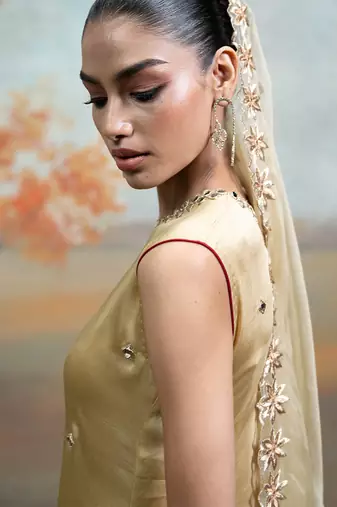 Metallic beige gold embroidered modal satin kurta set