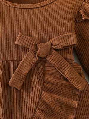 Brown ribbed ruffle bow fit & flare girls dress 4