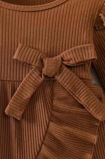 Brown ribbed ruffle bow fit & flare girls dress
