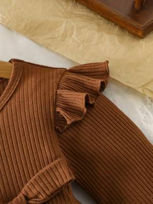 Brown ribbed ruffle bow fit & flare girls dress 5