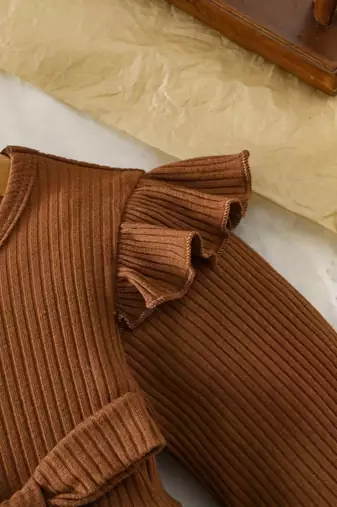 Brown ribbed ruffle bow fit & flare girls dress