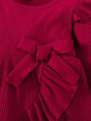 Maroon ribbed ruffle bow fit & flare girls dress 4
