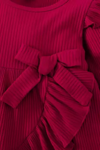 Maroon ribbed ruffle bow fit & flare girls dress