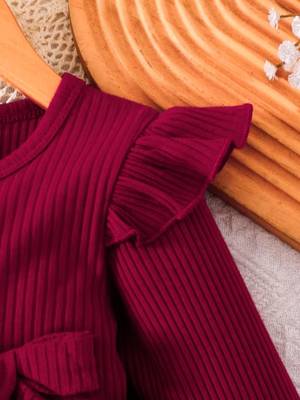 Maroon ribbed ruffle bow fit & flare girls dress 5