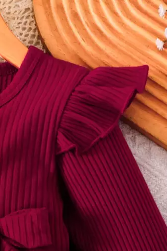 Maroon ribbed ruffle bow fit & flare girls dress