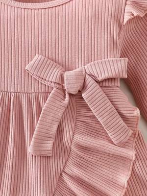 Pink ribbed ruffle bow fit & flare girls dress 3