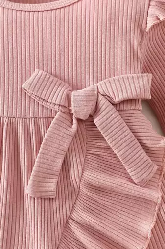 Pink ribbed ruffle bow fit & flare girls dress