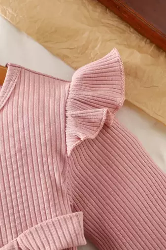 Pink ribbed ruffle bow fit & flare girls dress