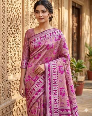 New Designer Banarasi Soft Silk Woven Saree With Blouse Set For Women's  1