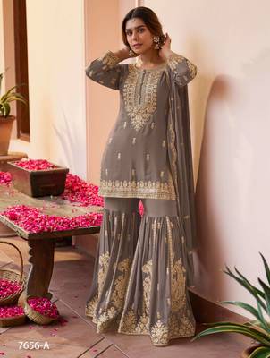 Grey designer chinon embroidered sharara suit with dupatta 1