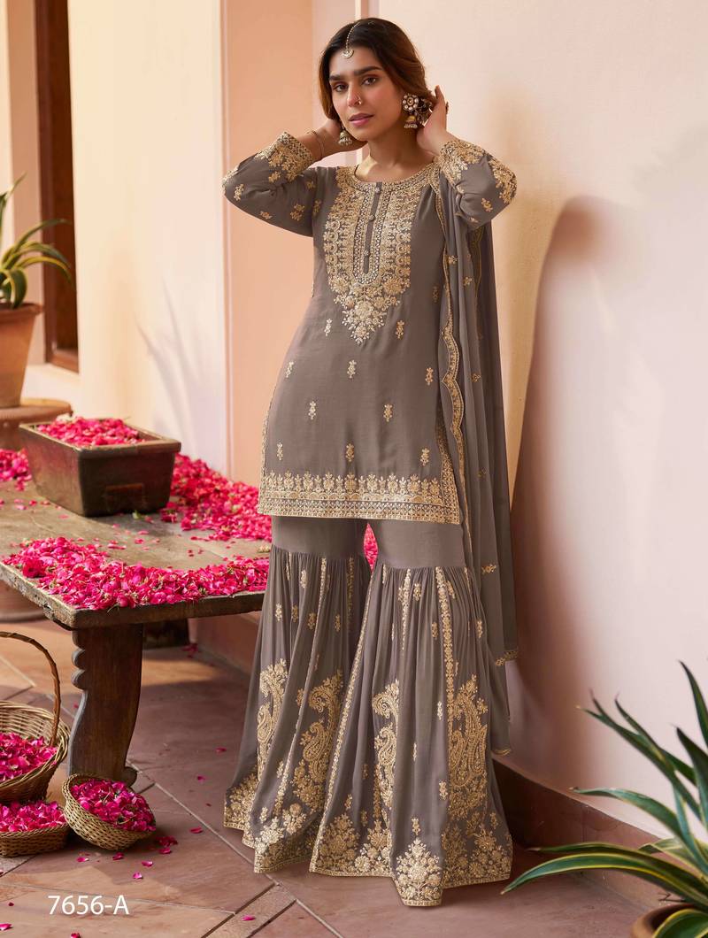 Grey designer chinon embroidered sharara suit with dupatta