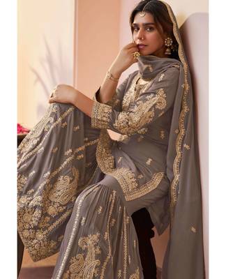 Grey designer chinon embroidered sharara suit with dupatta 2