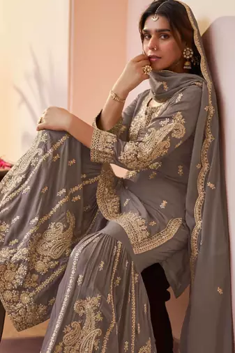 Grey designer chinon embroidered sharara suit with dupatta