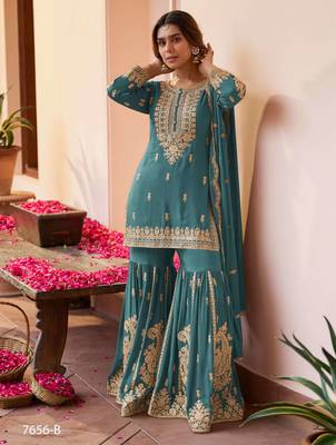 Teal blue designer chinon embroidered sharara suit with dupatta 1