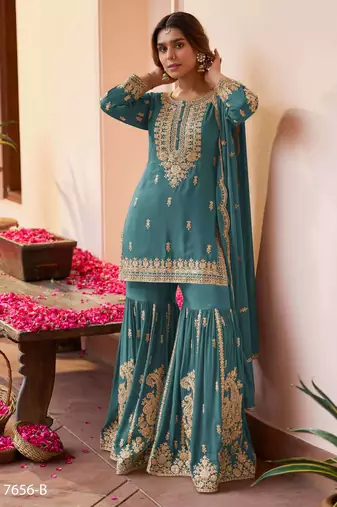 Teal blue designer chinon embroidered sharara suit with dupatta