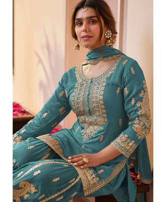 Teal blue designer chinon embroidered sharara suit with dupatta 2