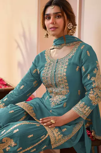 Teal blue designer chinon embroidered sharara suit with dupatta