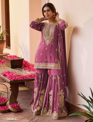 Wine designer chinon embroidered sharara suit with dupatta 1