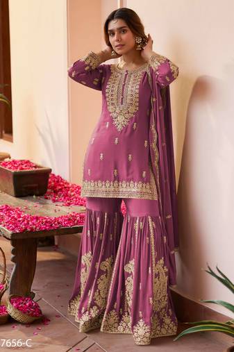 Wine designer chinon embroidered sharara suit with dupatta