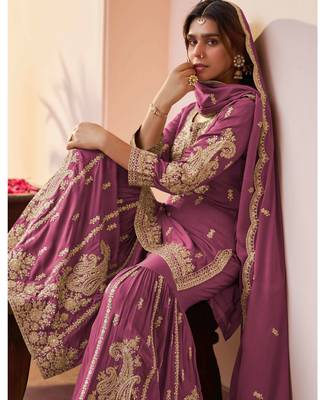 Wine designer chinon embroidered sharara suit with dupatta 2