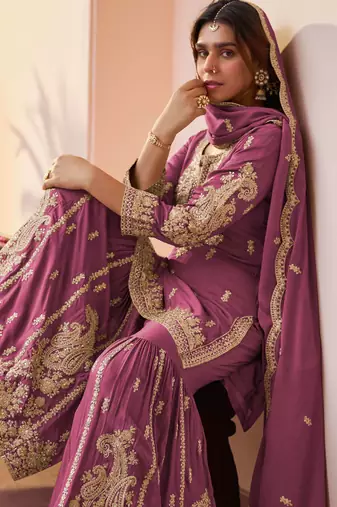 Wine designer chinon embroidered sharara suit with dupatta