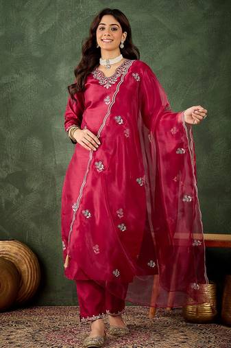 Floral embroidered silk v neck kurta trosuer & dupatta set